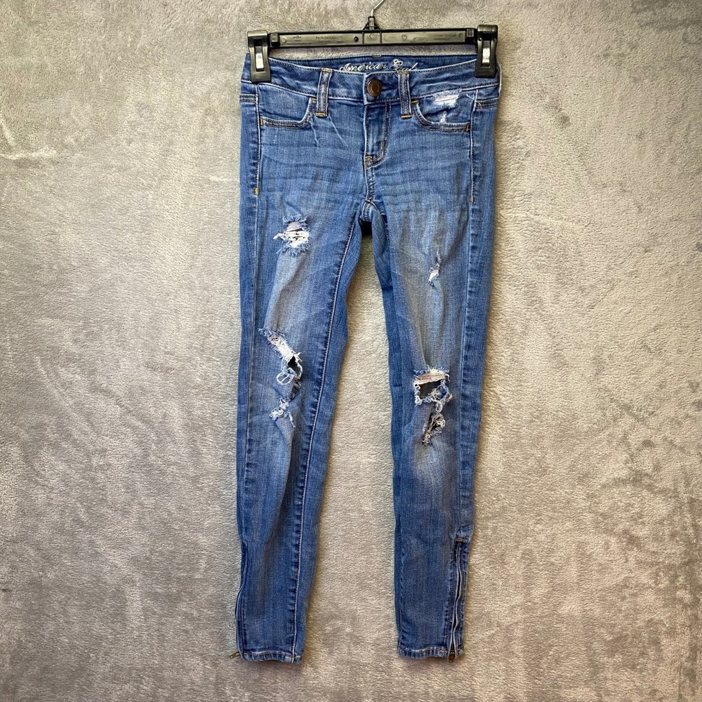 American Eagle Jeans Womens 00 Skinny Blue Distressed Ankle Zip EUC